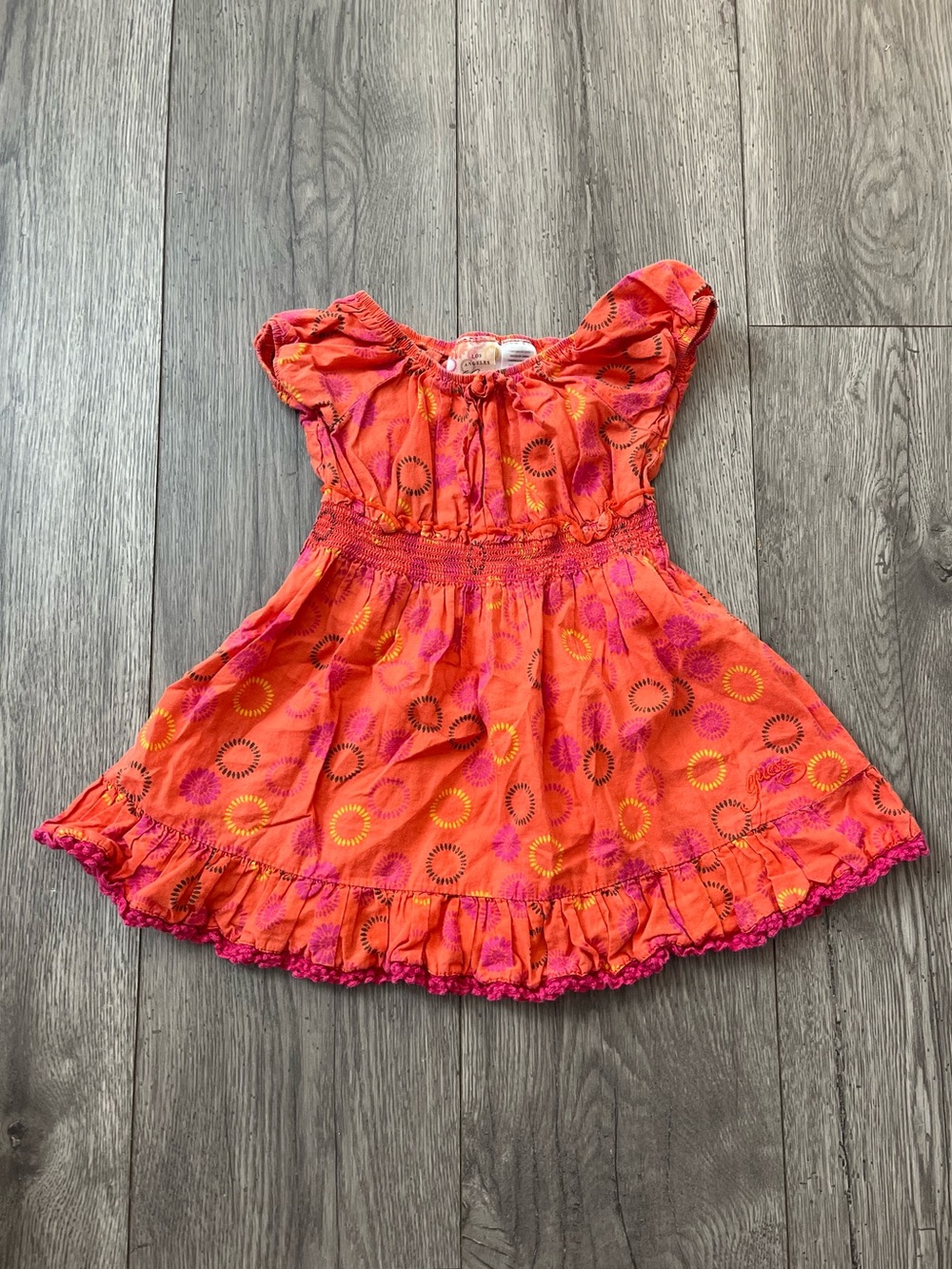 Guess Baby Toddler Girl Coral Pink Orange Sunburst Dress 2 Piece Ruffle 24 Month